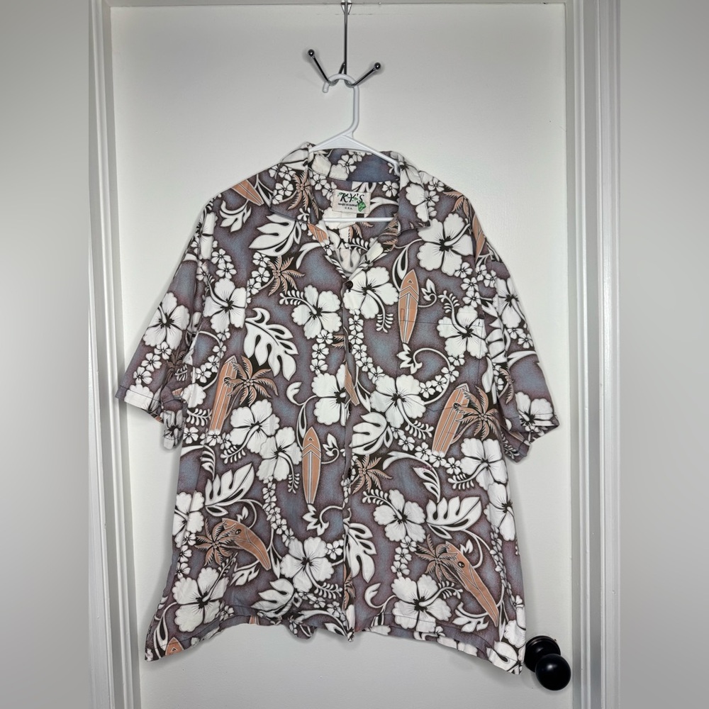 Ky Men Hawaiian Short Sleeve button down With Floral and surfboards Shirt
